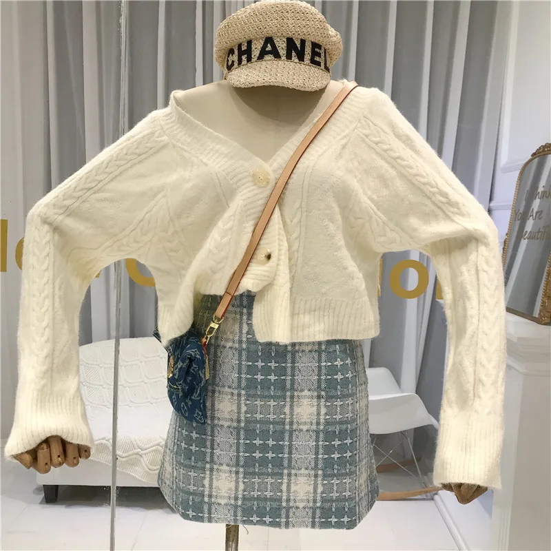 Женский кардиган с v-образным вырезом однобортный Argyle короткий женский s свитер корейский модный женский свободный вязаный свитер женский кардиган