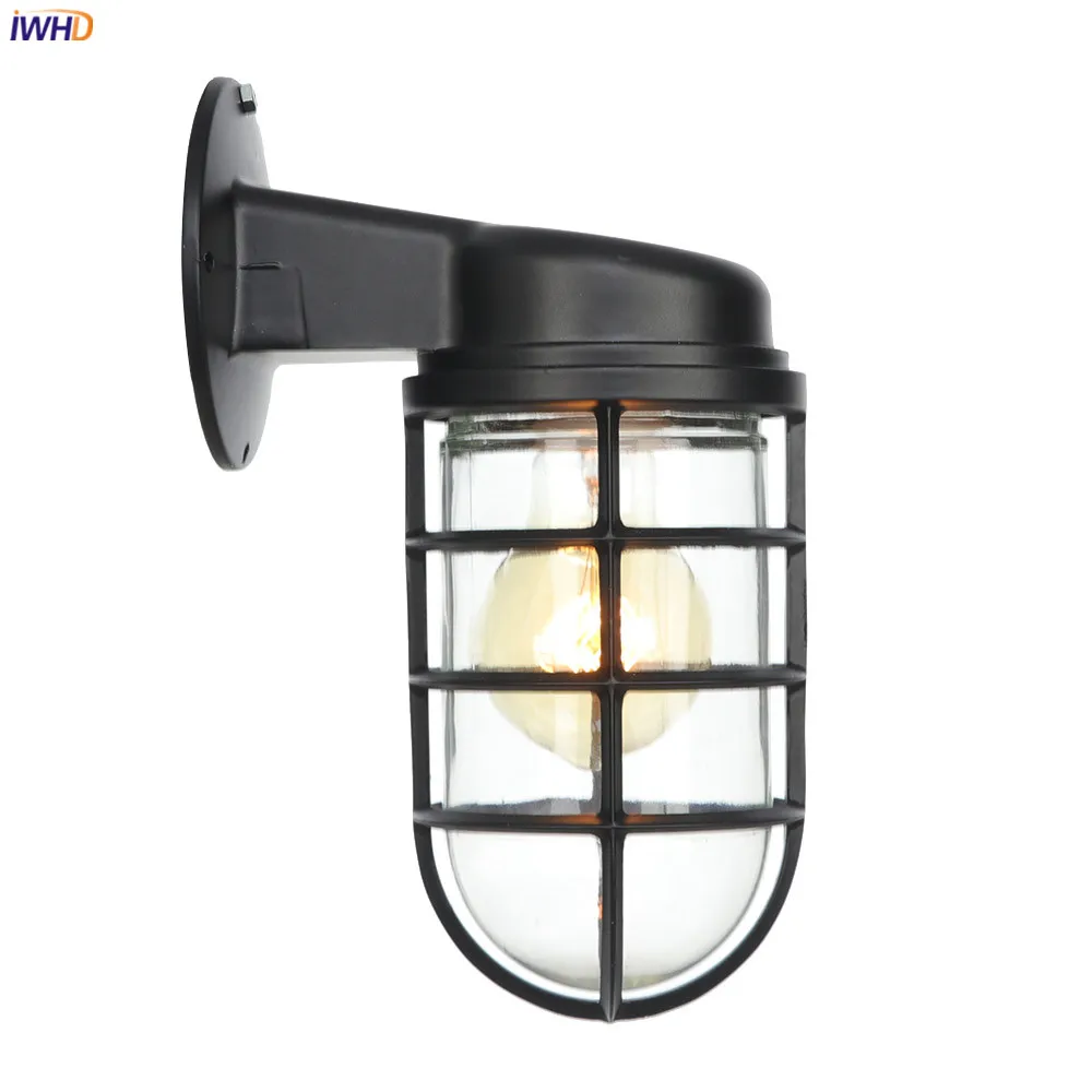 IWHD American Country Retro LED Wall Lights For Home Lighting Black Metal Bathroom Mirror Stair Light Glass Vintage Wall Lamp