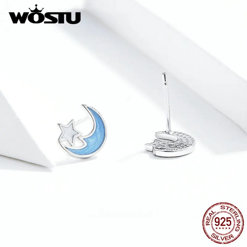 WOSTU подлинные 925 пробы серебряные голубые серьги с Луной и звездами для женщин Лидер продаж красивые ювелирные изделия дизайн CQE792