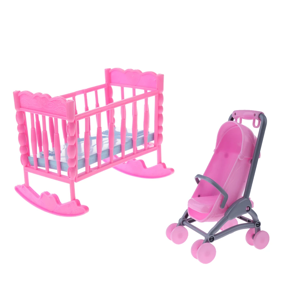 1/6 Pink Baby Cradle Bed + Stroller Model Dollhouse Miniature Furniture Toy for Blythe Dolls Accessory