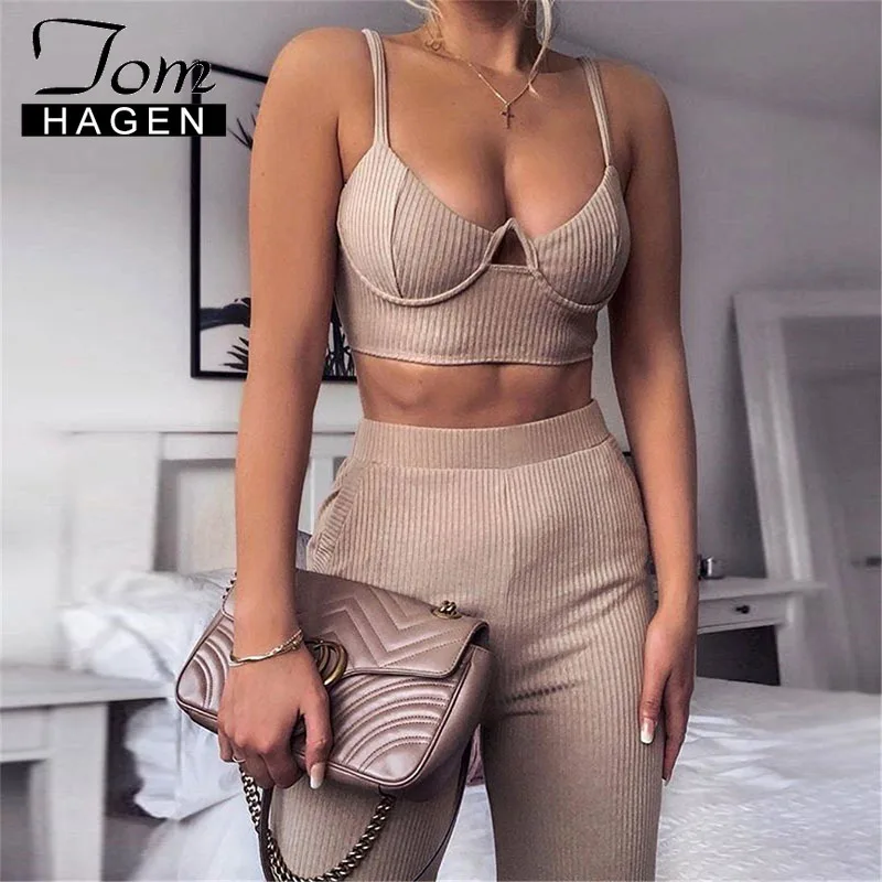 

Tom Hagen 2 Two Piece Set Top and Pants Women Ribbed Backless Sleeveless Strap Crop Top Autumn Tracksuits 2pcs Crop Top Women