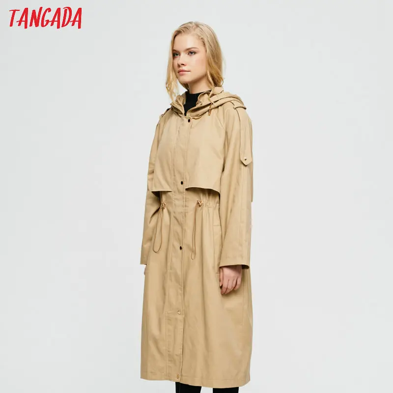Tangada Осень Зима Женский Длинный плащ с капюшоном элегантный эластичный пояс негабаритная ветровка верхняя одежда корейская мода 2Z09