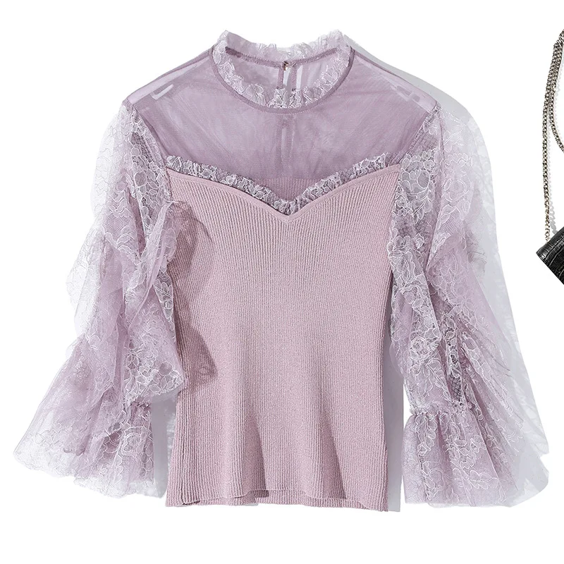 

Women's Spring Summer High End Lace Patchwork Sweater Pullovers Designer 3/4 Sleeve Knitting Jumper Tops