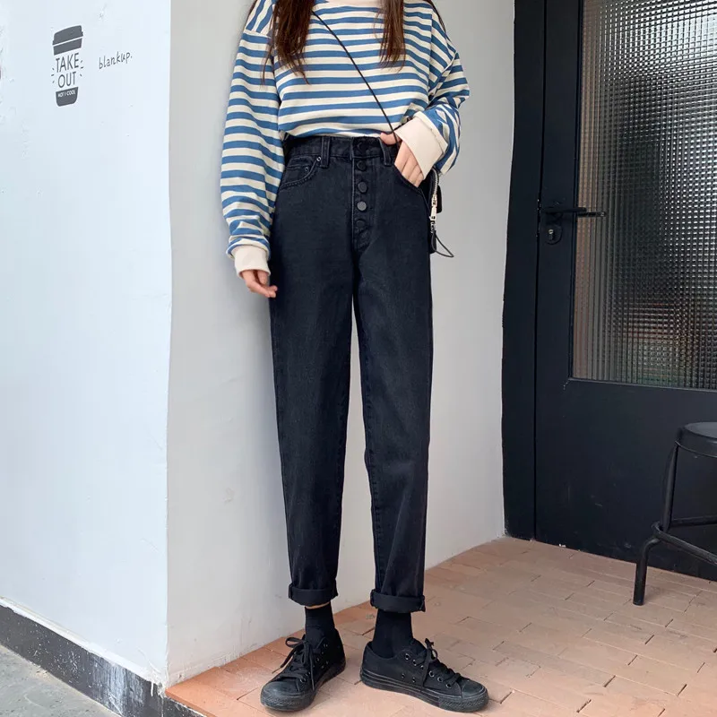 Женские джинсы в корейском ретро стиле, свободные длинные джинсовые женские брюки с высокой талией, прямые женские однобортные студенческие джинсы Harajuku, новинка