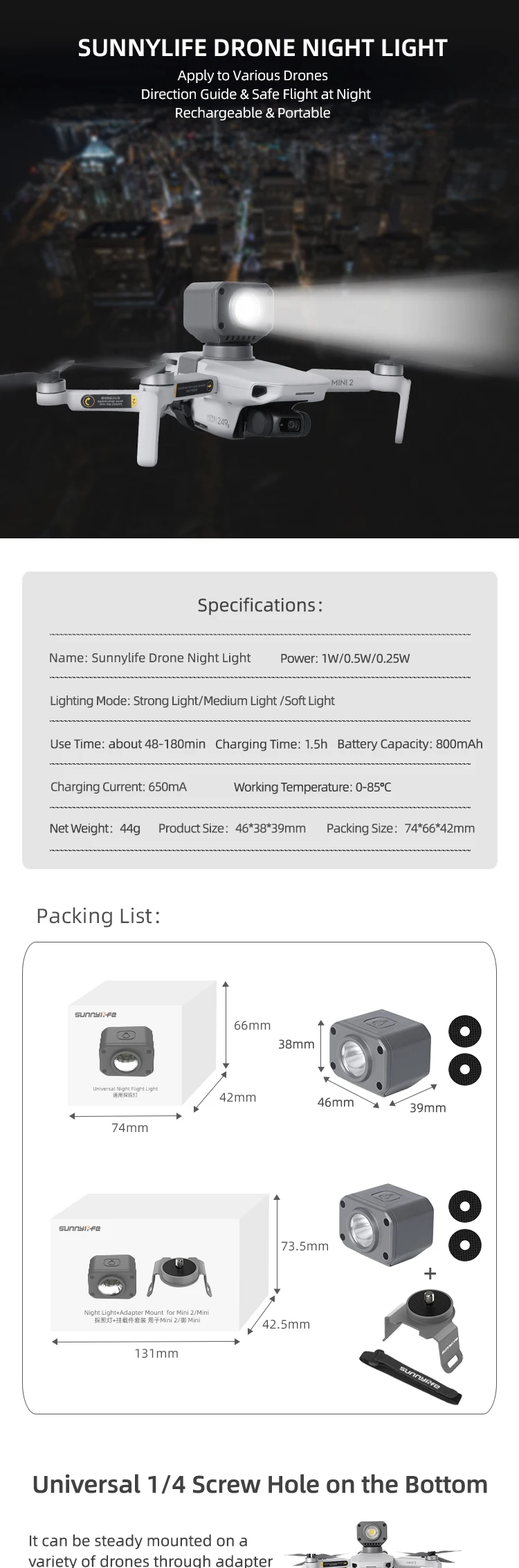 DJI Sunnylife Universal Drone Flashlight Night Flight Lampe Pour DJI Mini 2/Mini SE 
