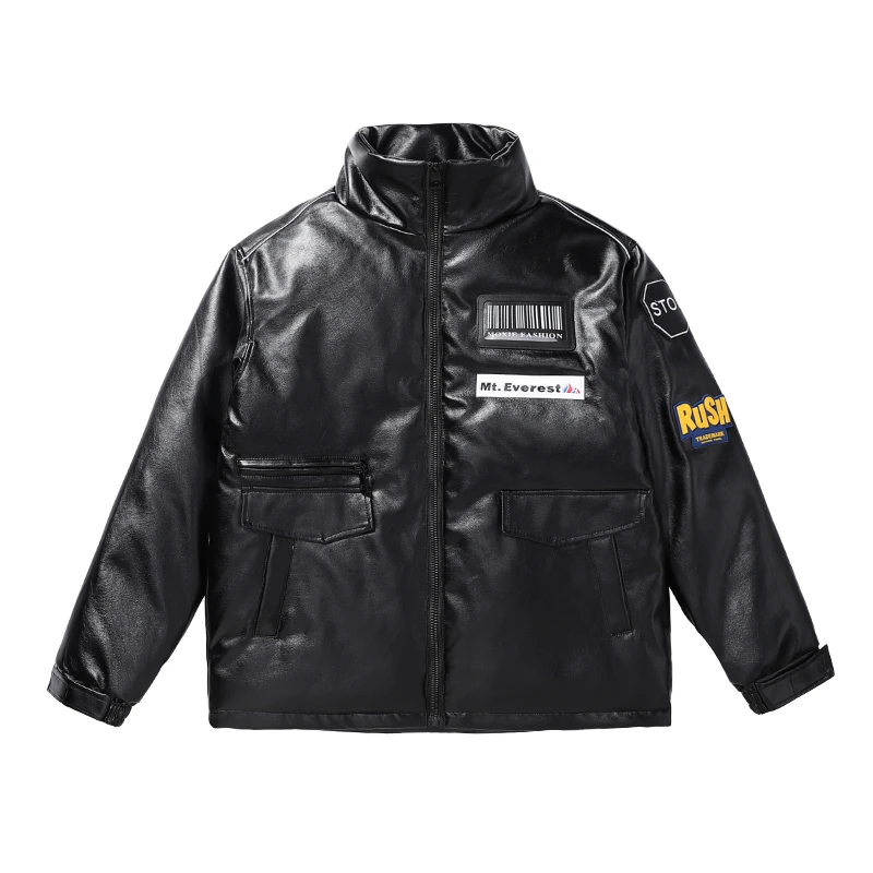 Winter new short warm lovers loose down jacket men's PU leather leisure thickened tide brand student standing collar jacket