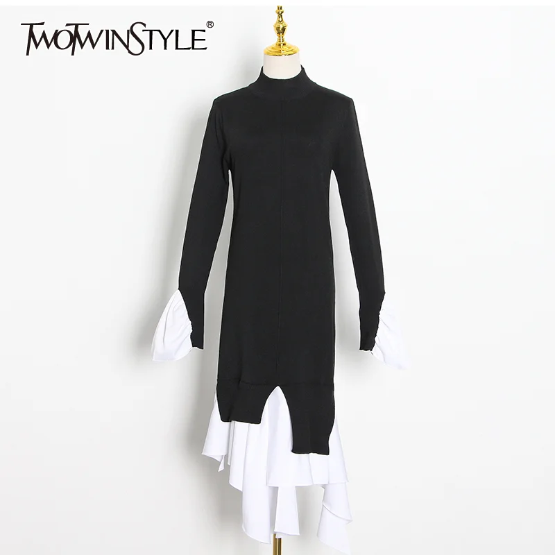 TWOTWINSTYLE Patchwork Women's Sweater Flare Long Sleeve Hit Colors Irregular Knitting Pullover Tops Female 2020 Autumn | Женская