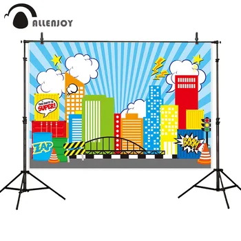 

Allenjoy Cityscape Wallpaper Colorful Buildings Stripe Caution Superhero Boom Zap Party Backdrop Baby Birthday Event Suppulies