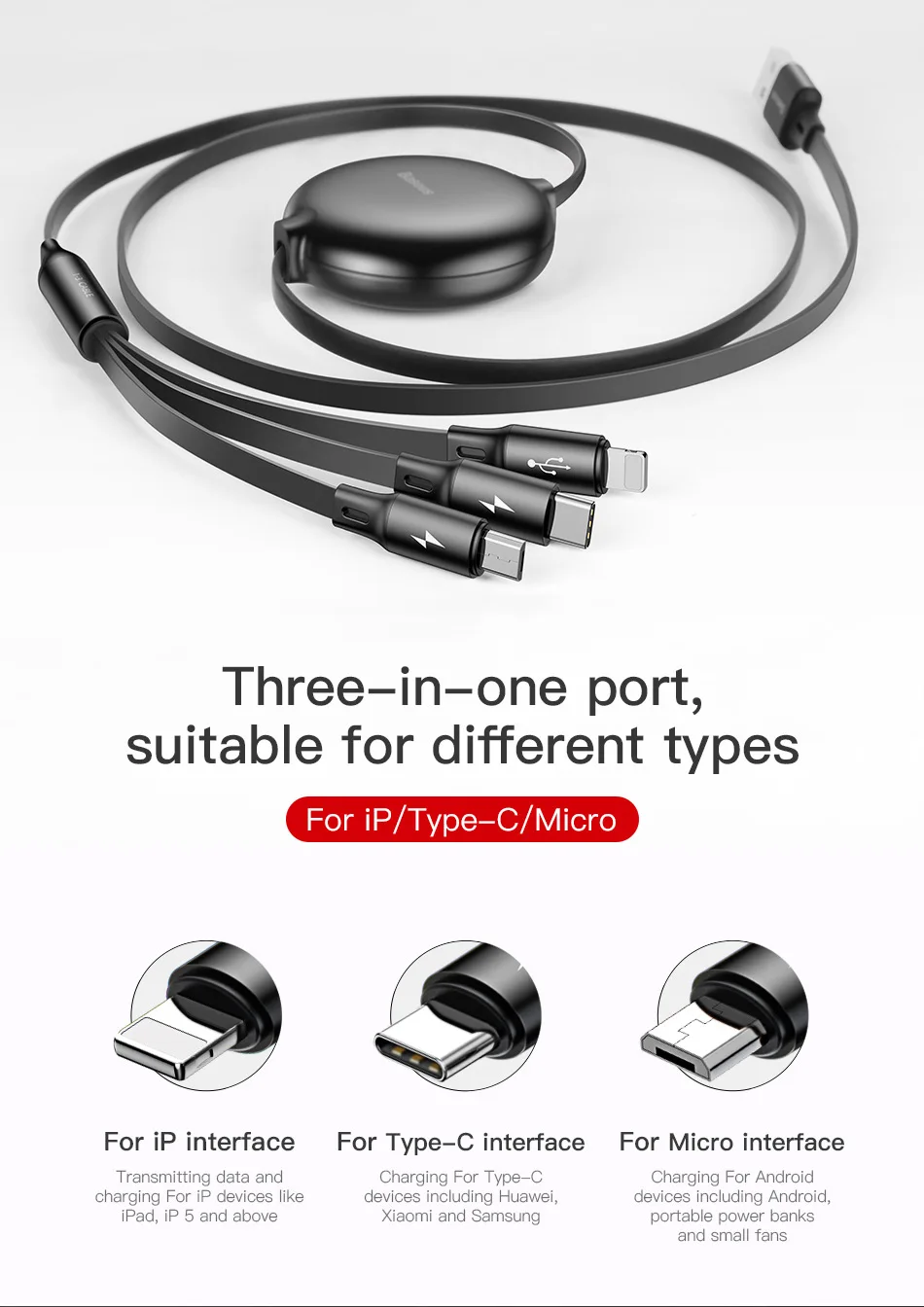 Baseus câble Micro USB/type-c rétractable 3 en 1 pour recharge rapide multiple-11