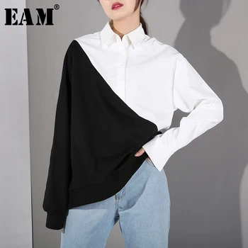 

[EAM] Loose Fit Black Contrast Color Irregular Sweatshirt New Lapel Long Sleeve Women Big Size Fashion Tide Spring 2020 JC319