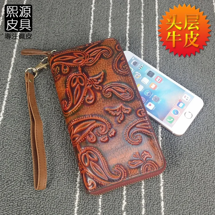 

Origional Hand-rub Color China Ethnic-Style Embossed Genuine Leather Retro LADY'S Wallet Full-grain Leather Zipper Long Wallet