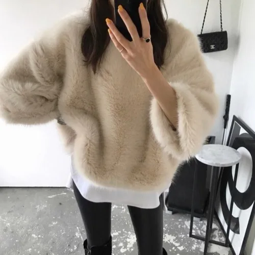 Осень и зима новая мода сплошной цвет круглый вырез меховой искусственный мех семь точек рукав теплый свитер для женщин D314 - Цвет: creamy-white
