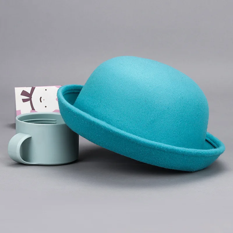 Модная шерстяная шляпа-котелок для родителей и детей, шляпы-федоры для женщин и девочек, детская однотонная официальная Кепка - Цвет: Небесно-голубой