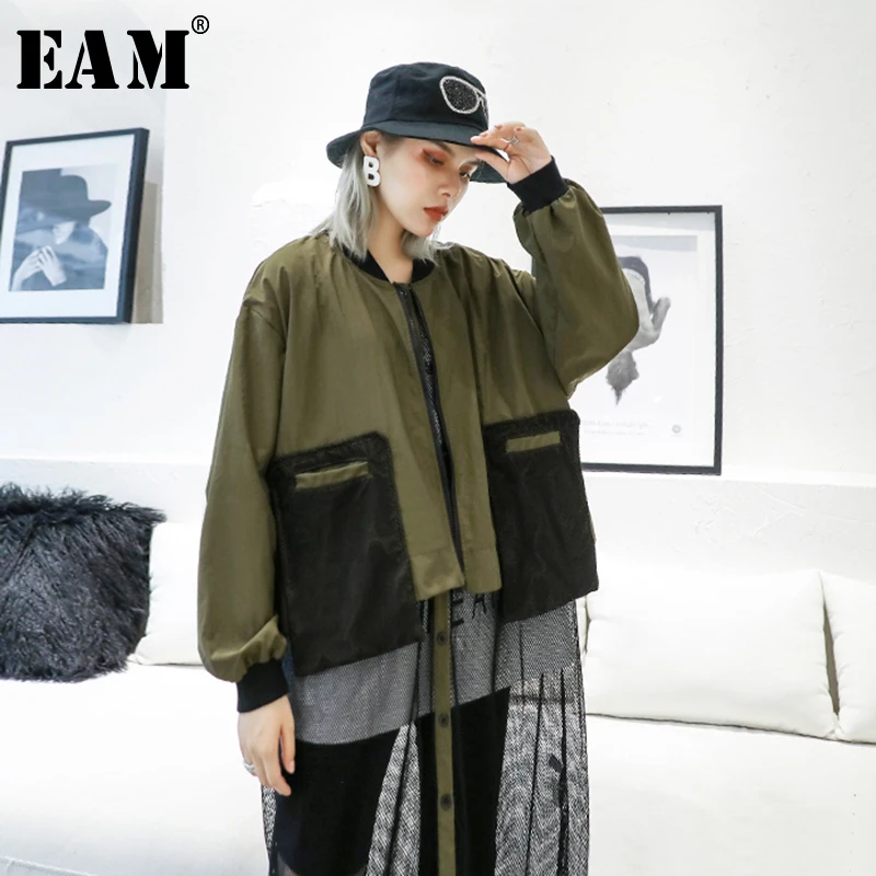 

[EAM] Loose Fit Mesh Spliced Big Size Jacket New Stand Neck Long Sleeve Women Coat Fashion Tide Autumn Winter 2019 1A750