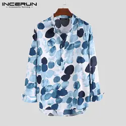 INCERUN в горошек Мужская рубашка с длинными рукавами для отдыха из хлопка и льна винтажная Повседневная брендовая блуза со стоячим
