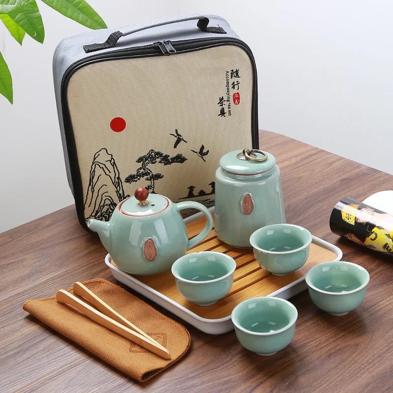 Blue 6Pcs Bag Китайский чайный набор портативный дорожный чайный набор кунг-фу керамический чайный горшок чайный набор Gaiwan, чайная чашка чайный горшок и дорожная сумка для чая Caddy кофейник - Цвет: Blue 6Pcs Bag