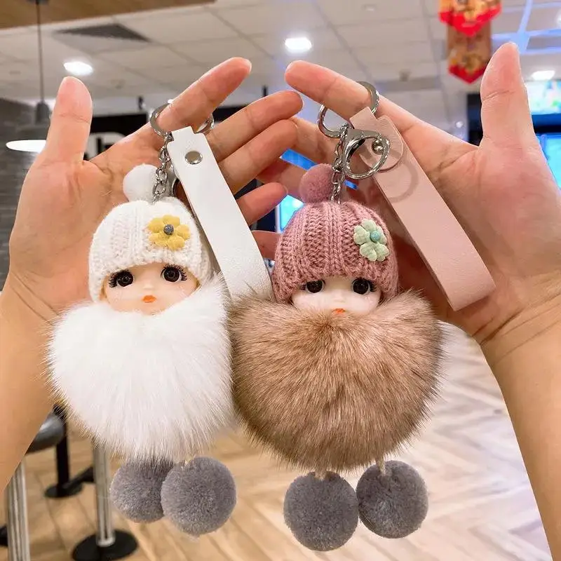 Pompom Smiling Doll Keychains Cute Fluffy Plush Doll Key Chain For