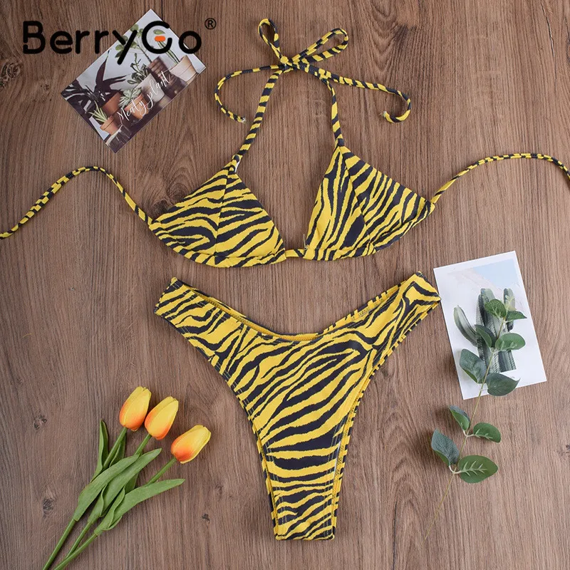 BerryGo, сексуальное бикини, пуш-ап, с принтом, купальник, с высоким вырезом, стринги, купальник для женщин, треугольный купальник, микро бикини, набор, купальные бикини