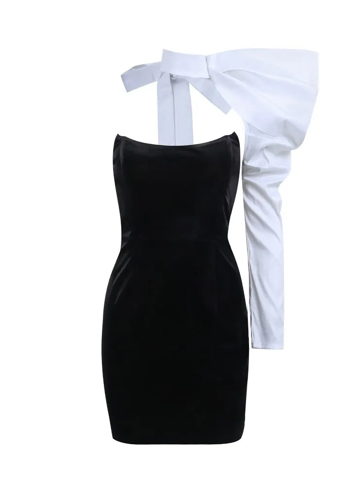 Elegante minivestido de fiesta con un solo hombro y mangas abullonadas, de patchwork, sin espalda, sexy, ajustado, para noche y club, 2025