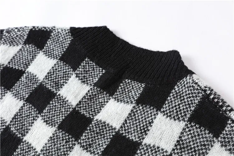 Осенний черно-белый клетчатый вязанный Топ свободный свитер с v-образным вырезом и длинными рукавами Модный женский комплект L163