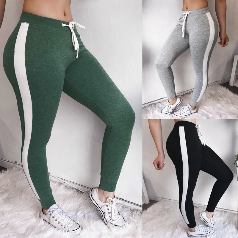 

Cysincos 2019 Spring Yoga Leggings Women High Waist Tight Sport Pants Running Trousers Drawstring Patchwork Striped Sweatpants