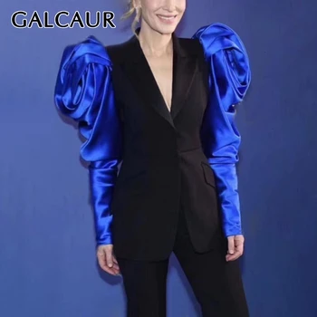 

GALCAUR Patchwork Hit Color Women's Blazer Notched Puff Long Sleeve High Waist Tunic Blazers For Female 2020 Fashion Clothes New