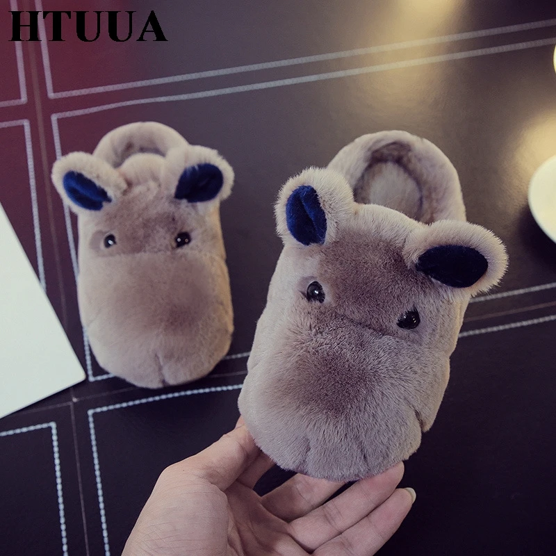 HTUUA/корейские тапочки с рисунками животных; Детская домашняя обувь; зимние теплые плюшевые хлопковые тапочки для мальчиков и девочек; детские тапочки; SX720