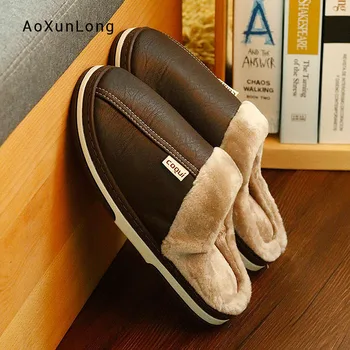 

Winter New Men's Slippers Plush Warm Home Sandals Waterproof PU Upper Solid Color Slides Shoes Cozy Flat Indoor Cotton Slippers