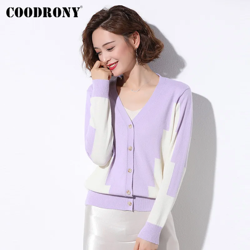COODRONY Brand V-Neck Soft Wool Geometric Cardigan Woman 2020 Autumn Winter Streetwear Knitted Casual Slim Sweater Female W1048