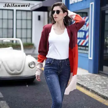 

2019 Autumn Cardigan Women Color Patchwork Long Cardigan Fashion Striped Knitted Sweater Coat Long Sleeve Cardigan Feminino