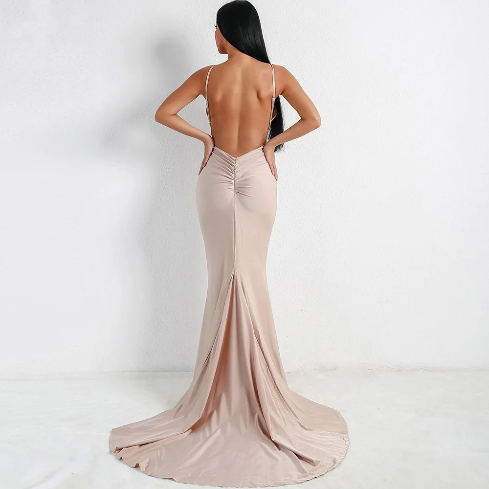 Глубокий v-образный вырез Бургундия вырез слинг Русалка платье Bodycon Длина пола открытая спина стрейч атласное вечернее платье