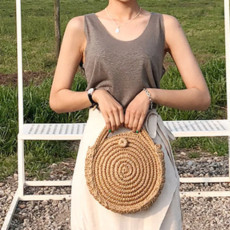 Тканая круговая соломенная сумка для хранения летняя Ручная работа в стиле ретро