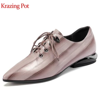 

Krazing Pot sheep skin gingham prints leather low heel pointed toe lace up mature lady Autumn Spring elegant women pumps L6f2