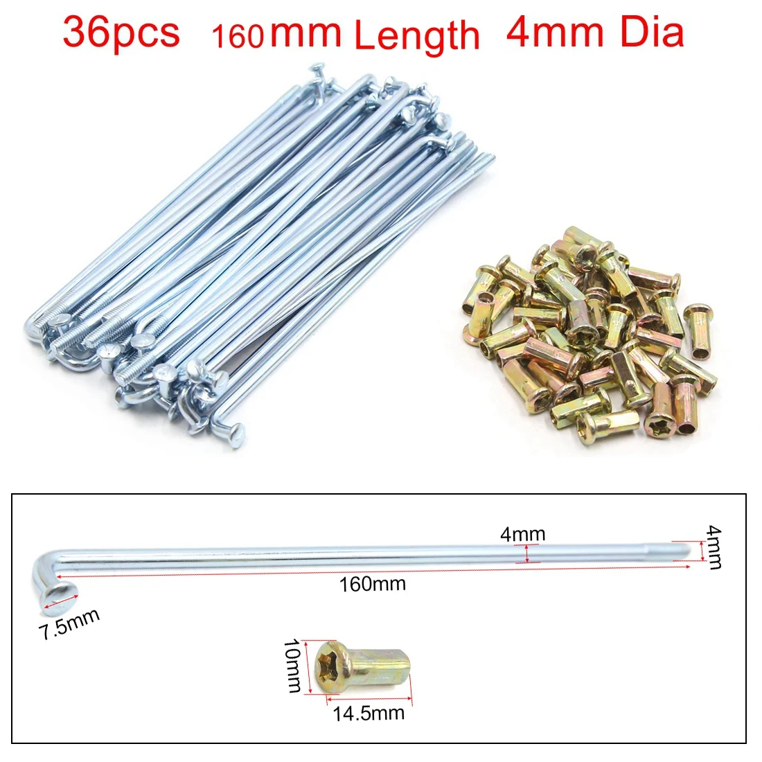 Motorcycle Wheel Spokes dirt bike wheel spoke With Nipples 4mm Thread Diameter 150mm-170mm Spokes Bend For Bicycle Motobike Motoforti 36/72pcs