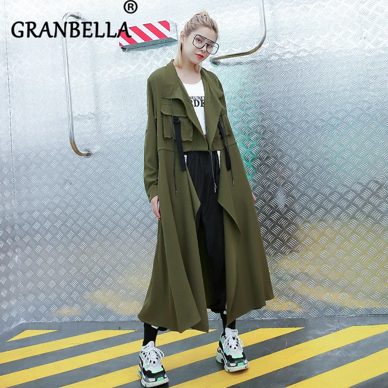 

2019 Hot Loose Casual Solid Color Women Trench Coat With Pockets Cardigan With Belt irregular Long Coats Female