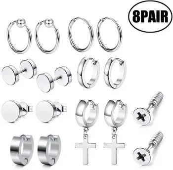 

Lvcky 8 Pairs Stainless Steel Hoop Hypoallergenic Tiny Stud Earrings Set Piercing for Men Women Black Silver-Tone（Silver-tone）