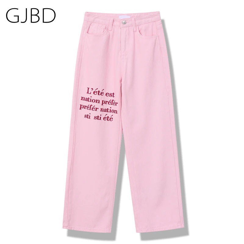 Pantalones vaqueros de pierna ancha para mujer, ropa de calle Bordado de letras, de cintura alta, color rosa, holgados, rectos, 2021