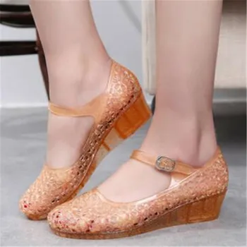 

Crystal sandals women's slope with summer new word buckle hollow jelly Baotou hole wild womens shoes platform sandals