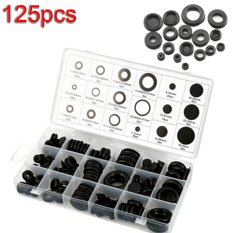

125pcs Rubber Grommets Washer Blanking Wiring Wire Open Closed Blind Gasket Ring Kit Durable Tools