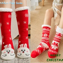 Толстые флисовые Носки-тапочки; рождественские подарки; женские зимние теплые Нескользящие плюшевые хлопковые носки; домашние носки для сна с рисунком оленя, Санты