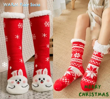 

Thick Fleece Floor Socks Christmas gifts women Winter Warm non-slip Plush cotton socks Cartoon Elk Santa carpet Sleep Home socks