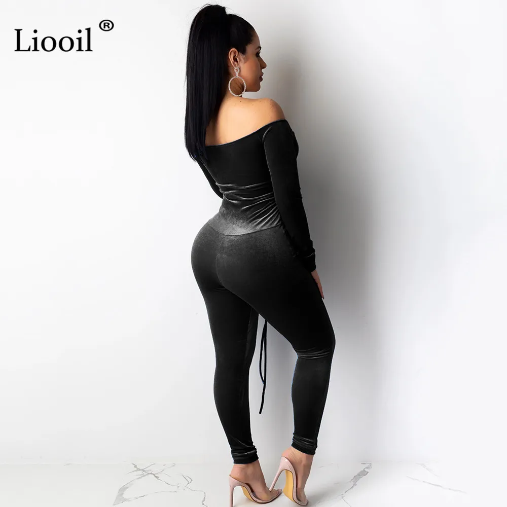 Liooil, сексуальный, с открытыми плечами, бархатный, облегающий, бандажный комбинезон, для женщин, с длинным рукавом, без бретелек, с карманами, обтягивающие, вечерние, комбинезоны, женский комбинезон