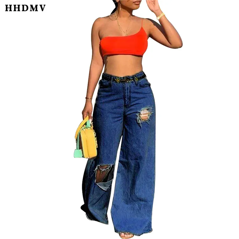 HHDMV SFY060 индивидуальное снижение возраста хип-хоп стиль длинные джинсовые брюки с высокой талией пуговицы сломанная дыра wide-legged брюки