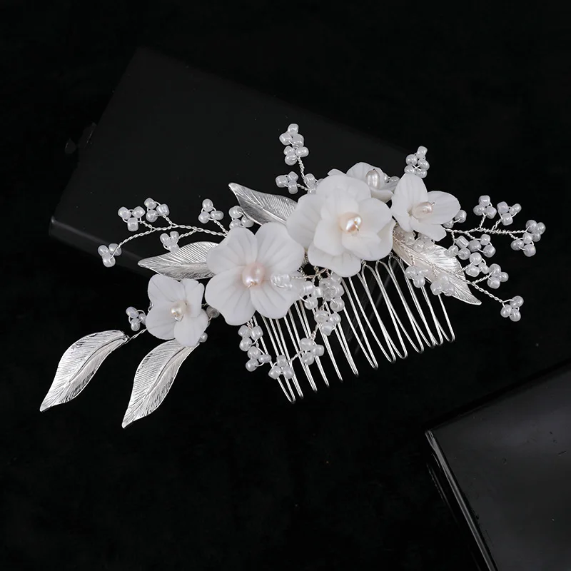 Floralbride Alloy Leaf Crystal Rhinestone Ceram Flower Freshwater Pearls Bridal Hair Comb Wedding Hair Accessories Women Jewelry