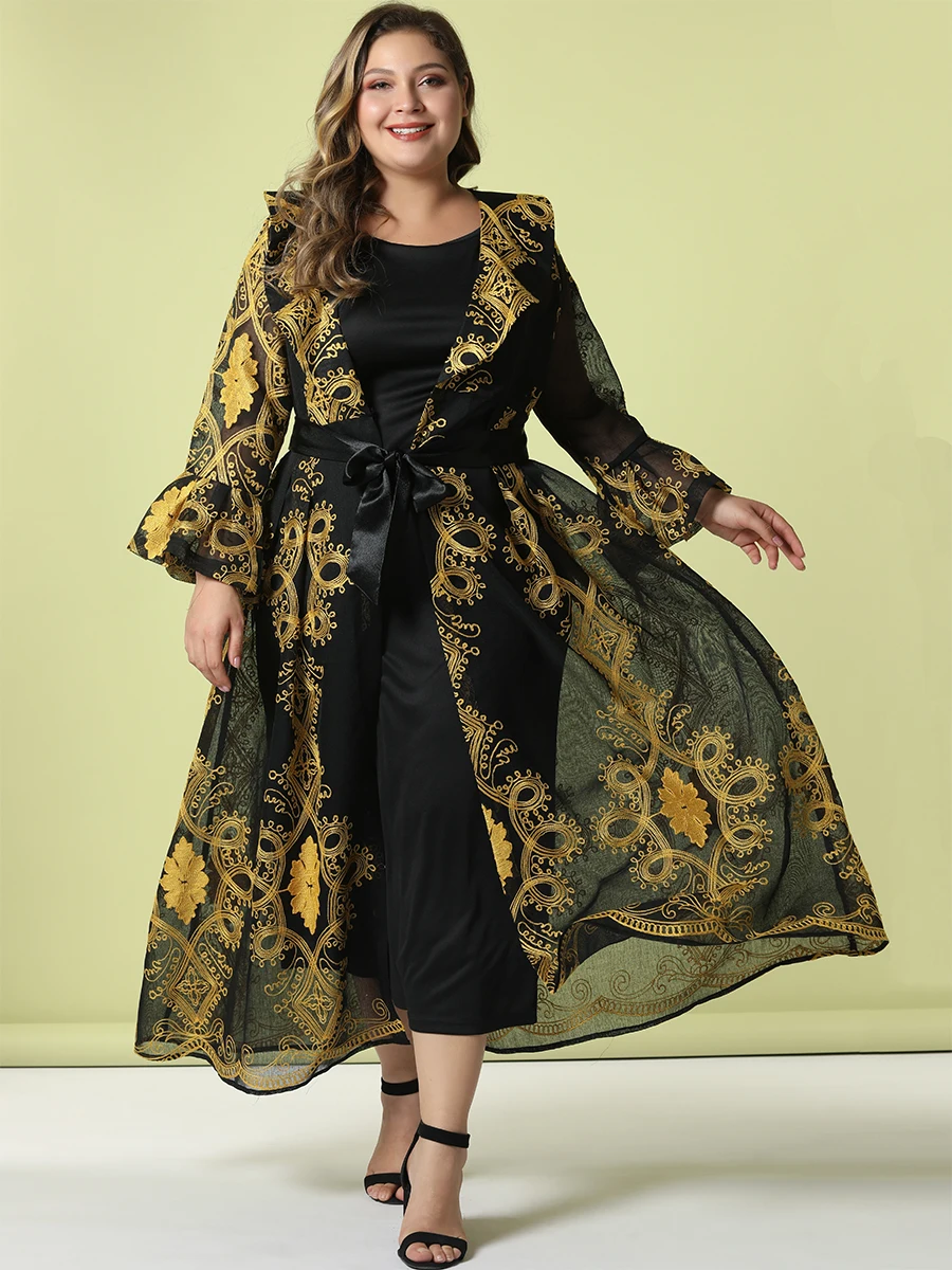 

Ropa Mujer 2019 Toleen Women Tracksuit V Neck Plus-Size Dress Embroidery Flare Sleeve Sun Proof Coat Solid Color Jumpsuit