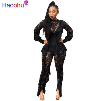 

HAOOHU Ruffle Sheer Lace Jumpsuit O Neck Long Lantern Sleeve Women Romper Sexy Night Club Party Overalls Female Playsuits