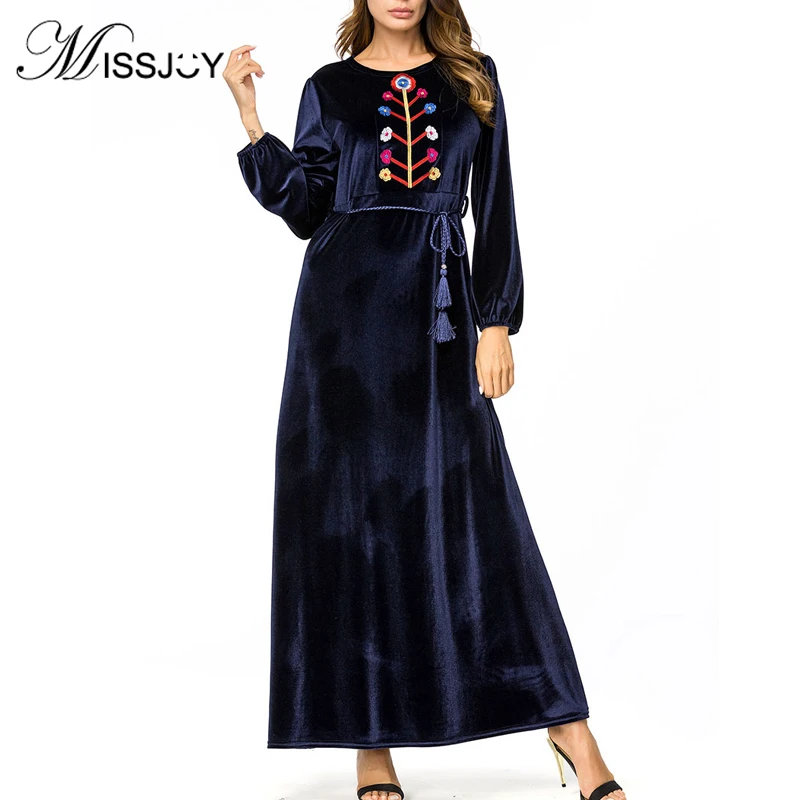 

2019 Autumn Muslim Abaya Women Dresses Embroidery Long Sleeves O-Neck High Waist Islamic Clothing Kimono Female Casual