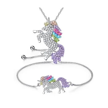 

DSHOU85 Romantic Unicorn Bracelet Necklace Set Creative Color Pony women two pcs Set