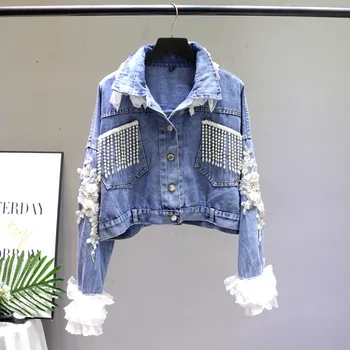 

New 2020 Spring Autumn Heavy Pearl Bead Tassel Lace Embroidered Short Denim Jackets Women Blue Jeans Coat Student Loose Outwear