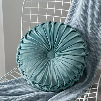

Round Floor Luxury Velvet Pumpkin Pleated Cushion Pouf Cover Throw Pillow Home Sofa Mat(Light Blue)